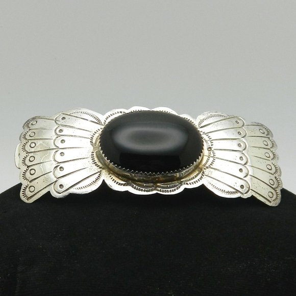 Vintage Navajo sterling hair barrette/clip w/ Large black onyx stone Signed